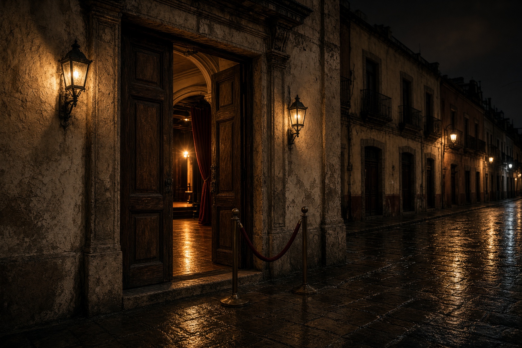 Entrada de un teatro independiente de noche, con la puerta entreabierta y luz cálida adentro