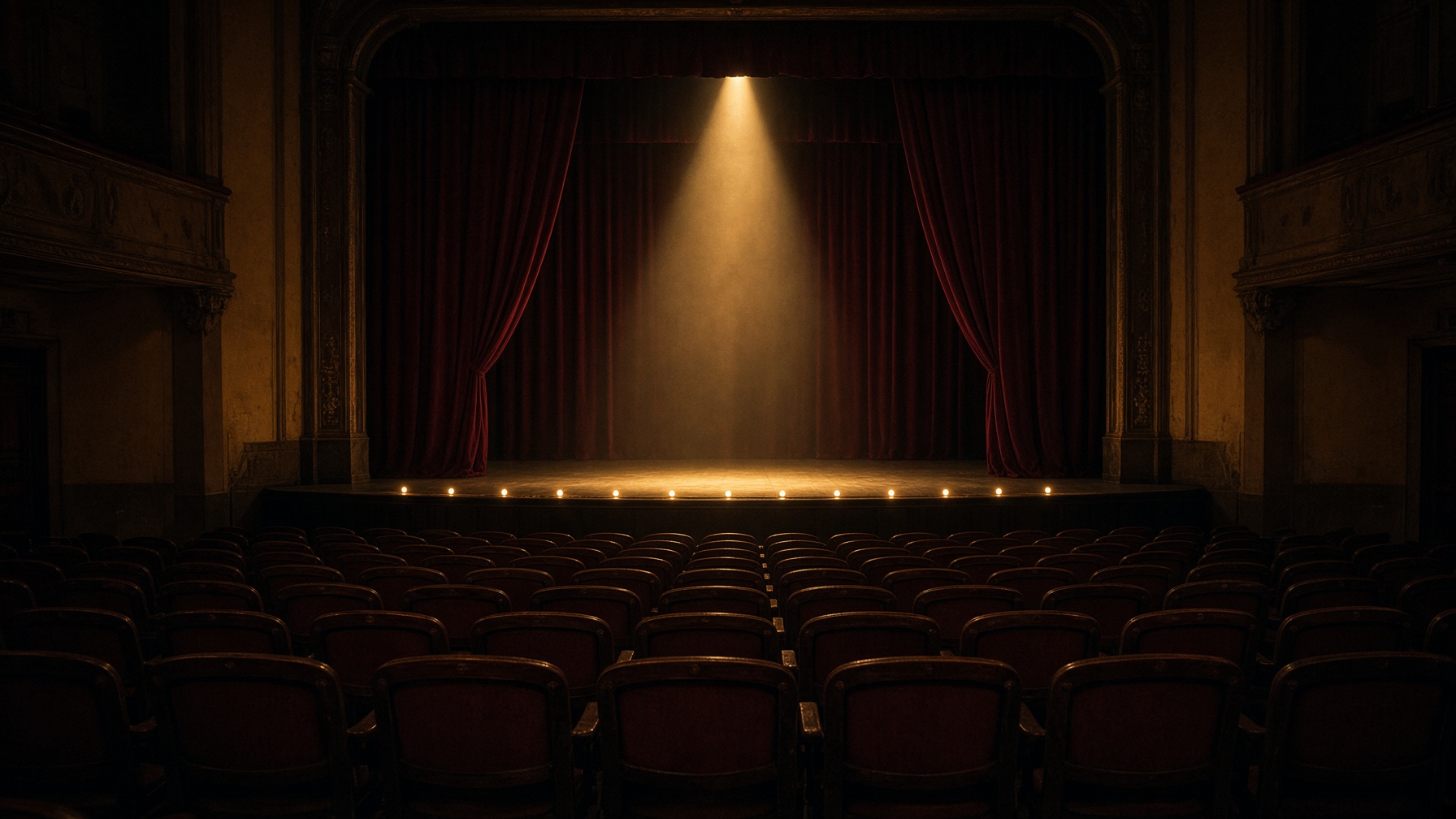 Sala de un foro independiente, vacía, con cortinas de terciopelo y un haz de luz sobre el escenario